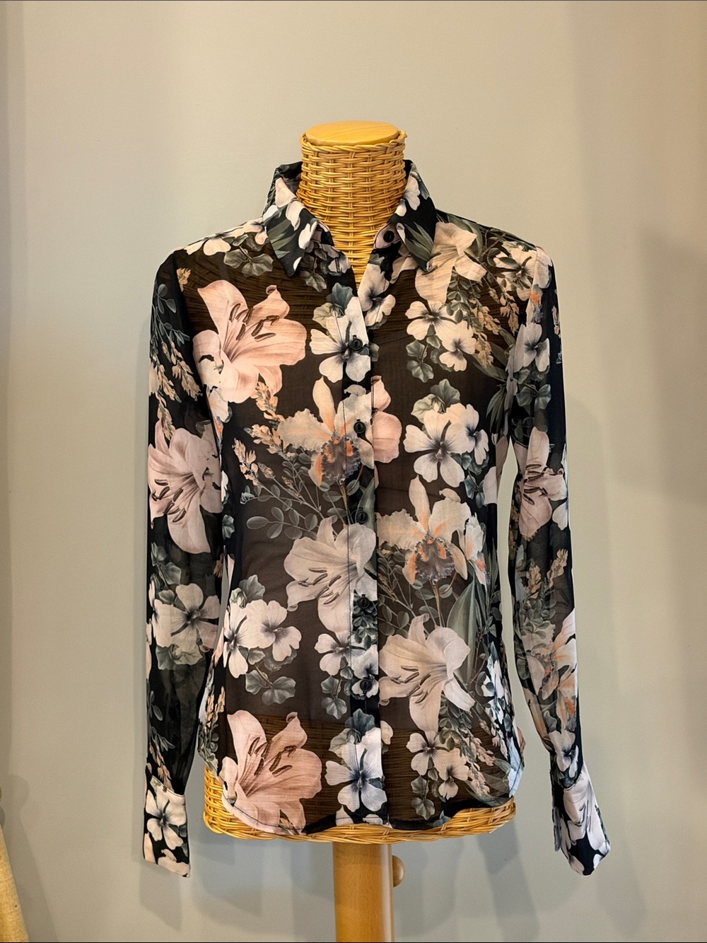 Sheer Black Floral Button-Down Blouse - Pink & White Floral -